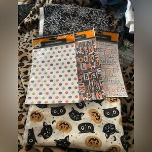 Halloween Lot Of 5 Craft 2 Fabric Remnants 3 Leather Pieces Sewing Spiderweb Etc